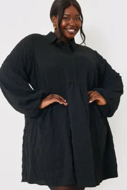 Textured Button Through Collared Smock Dress