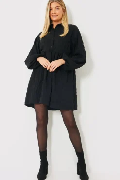 Textured Button Through Collared Smock Dress