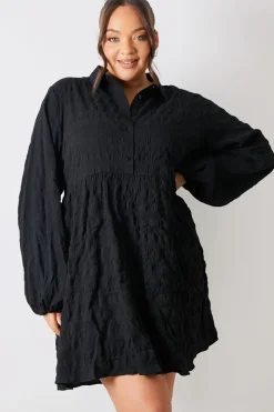 Textured Button Through Collared Smock Dress