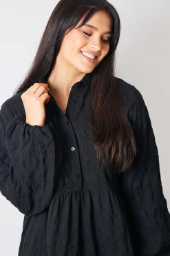 Textured Button Through Collared Smock Dress