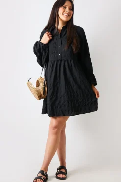 Textured Button Through Collared Smock Dress