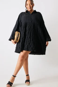 Textured Button Through Collared Smock Dress