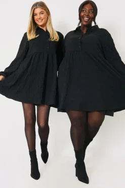 Textured Button Through Collared Smock Dress