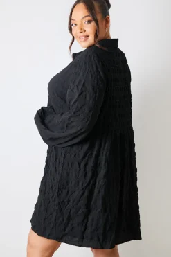 Textured Button Through Collared Smock Dress