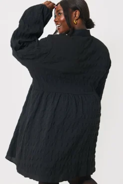 Textured Button Through Collared Smock Dress