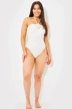 Textured Corsage Halterneck Swimsuit