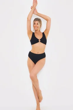 Textured Scoop Neck Ring Detail Bikini Top
