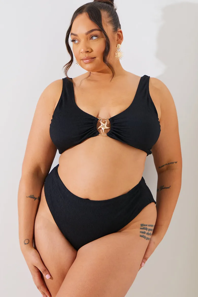 Textured Starfish Detail High Waist High Leg Bikini Bottoms