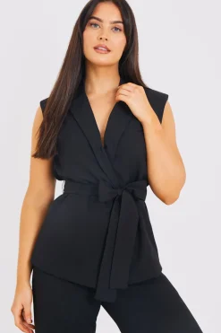 Textured Tie Waist Sleeveless Co-Ord Blazer