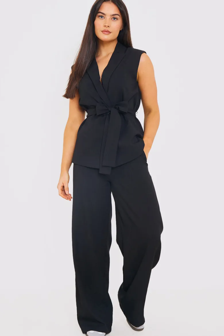 Textured Tie Waist Sleeveless Co-Ord Blazer