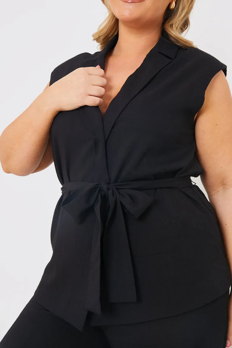 Textured Tie Waist Sleeveless Co-Ord Blazer