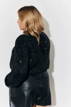 Tie Bow Back Sequin High Neck Blouse with Balloon Sleeve