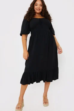 Tie Front Sweerheart Puff Sleeve Midi Dress