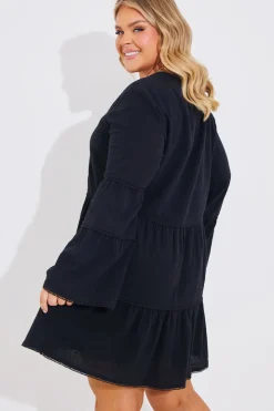 Trim Detail Tiered Long Sleeve Smock Dress