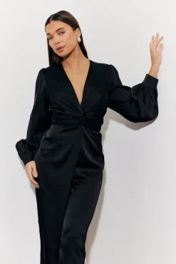 Twist Front Detail Wide Leg Satin Jumpsuit