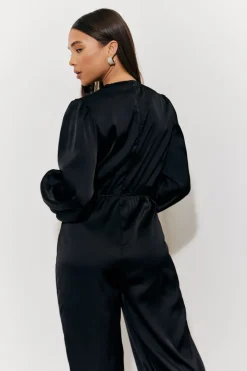 Twist Front Detail Wide Leg Satin Jumpsuit