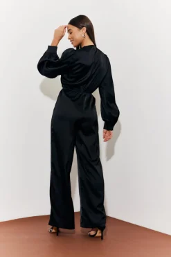 Twist Front Detail Wide Leg Satin Jumpsuit