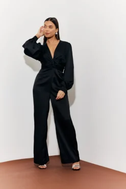 Twist Front Detail Wide Leg Satin Jumpsuit