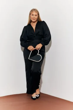 Twist Front Detail Wide Leg Satin Jumpsuit