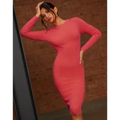 Two Tone Rib Shoulder Pad Knitted Midi Dress in Pink