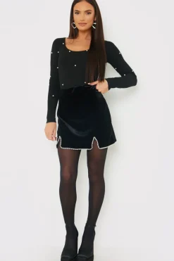 Velvet Faux Pearl Mini Skirt