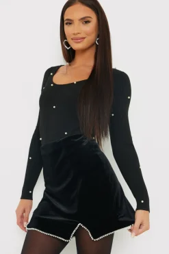 Velvet Faux Pearl Mini Skirt