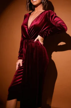 Velvet Wrap Front Drape Midi Dress