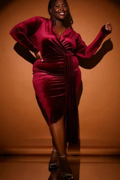 Velvet Wrap Front Drape Midi Dress