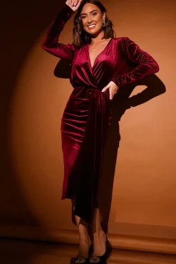 Velvet Wrap Front Drape Midi Dress