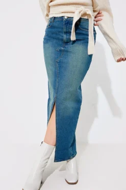 Vintage Wash Split Detail Denim Maxi Skirt