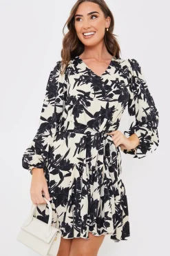 V Neck Balloon Sleeve Godet Mini Dress