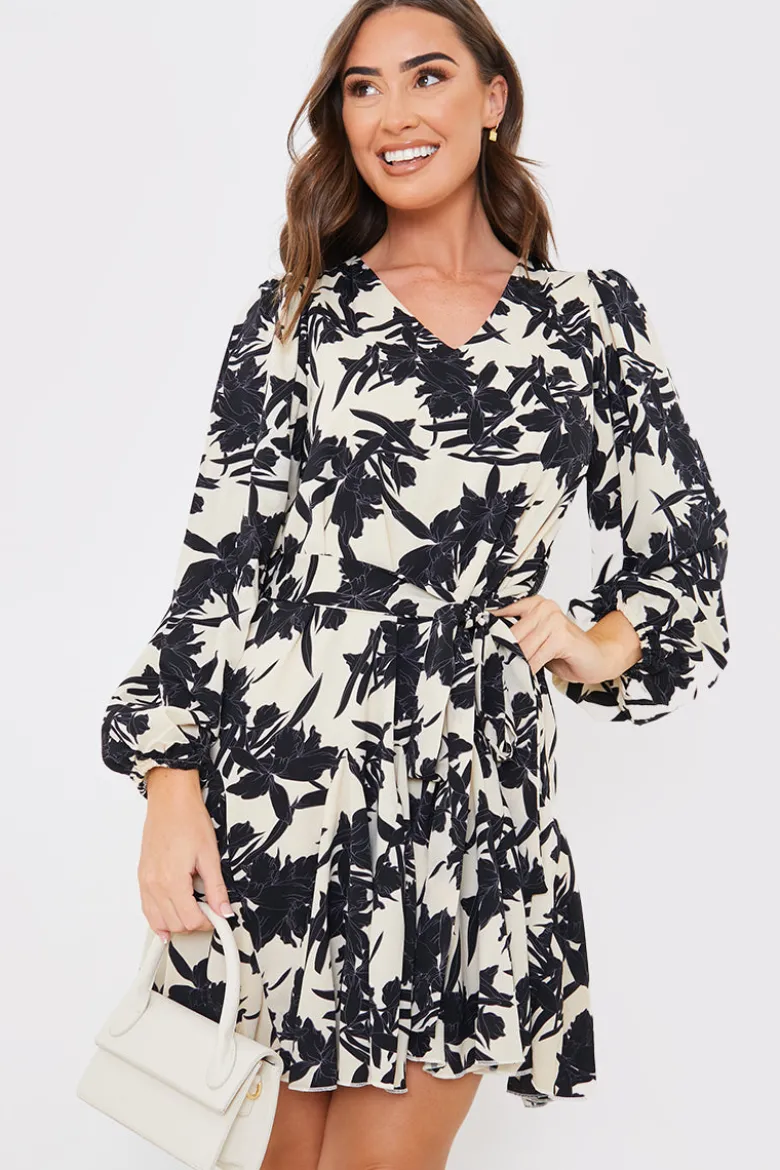 V Neck Balloon Sleeve Godet Mini Dress