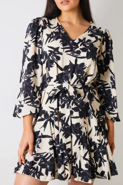 V Neck Balloon Sleeve Godet Mini Dress