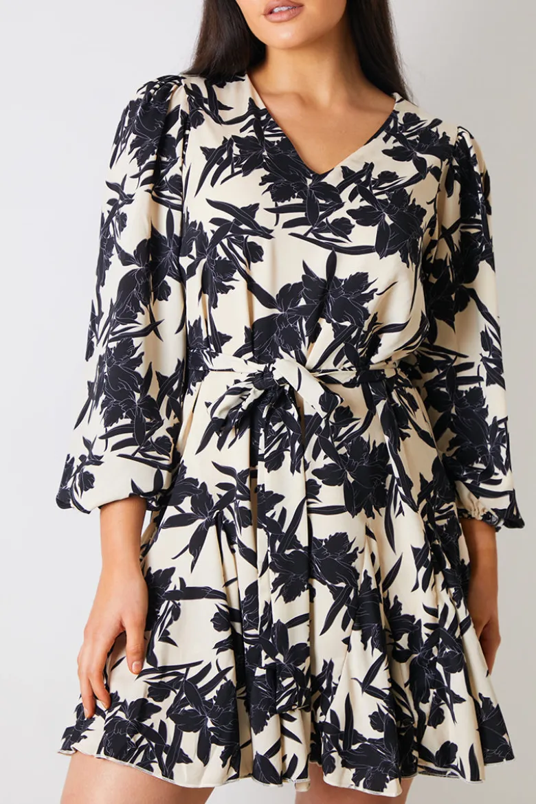 V Neck Balloon Sleeve Godet Mini Dress