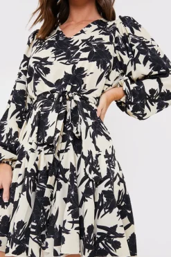 V Neck Balloon Sleeve Godet Mini Dress