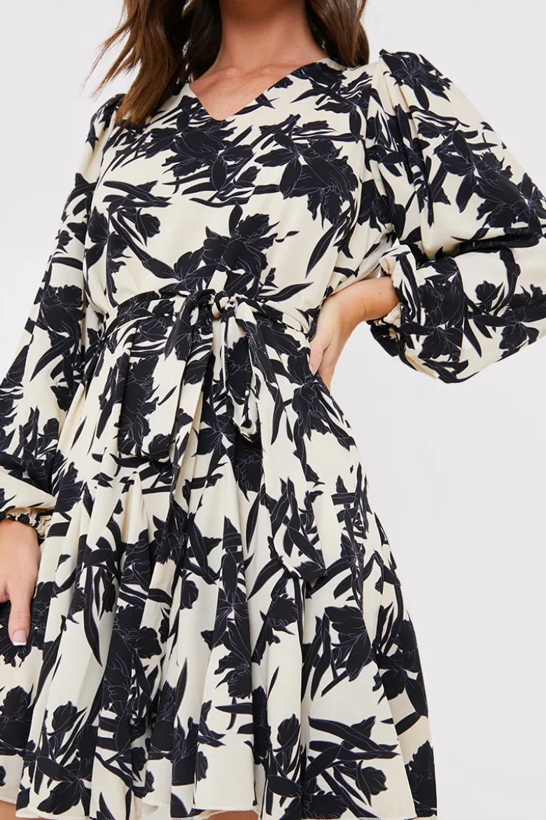 V Neck Balloon Sleeve Godet Mini Dress