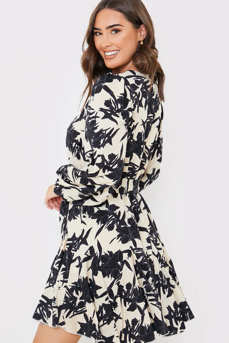 V Neck Balloon Sleeve Godet Mini Dress