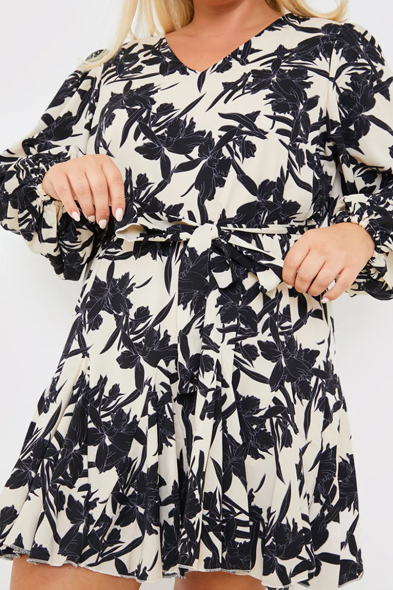 V Neck Balloon Sleeve Godet Mini Dress