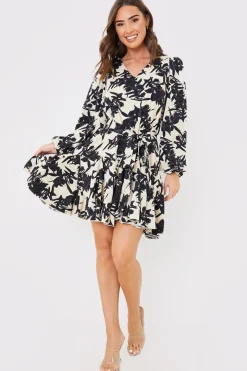 V Neck Balloon Sleeve Godet Mini Dress