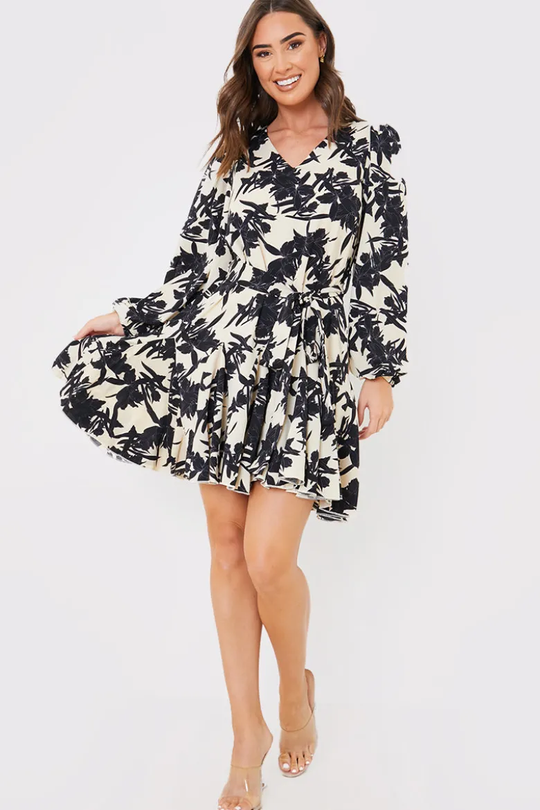 V Neck Balloon Sleeve Godet Mini Dress