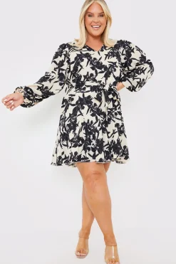 V Neck Balloon Sleeve Godet Mini Dress