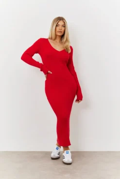 V Neck Rib Maxi Long Sleeve Dress