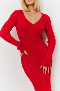 V Neck Rib Maxi Long Sleeve Dress