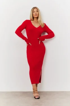 V Neck Rib Maxi Long Sleeve Dress