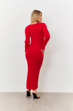 V Neck Rib Maxi Long Sleeve Dress