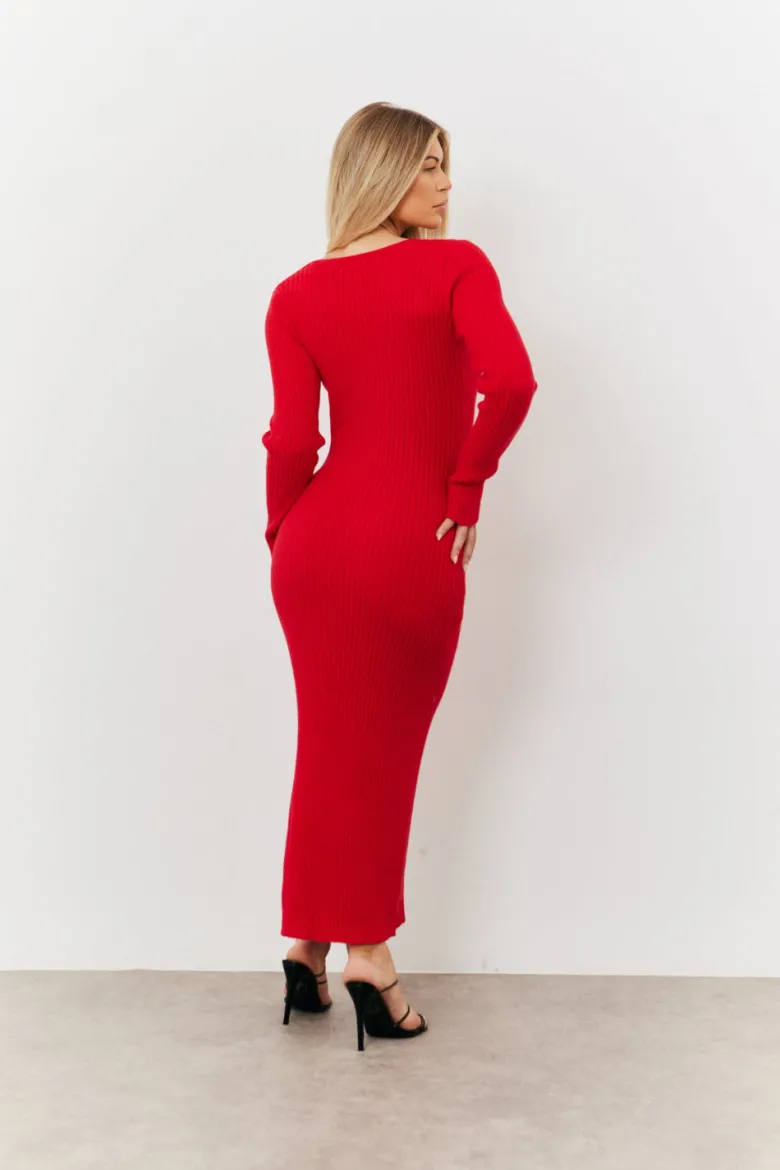 V Neck Rib Maxi Long Sleeve Dress