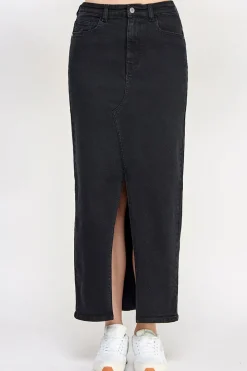 Washed Split Detail Denim Maxi Skirt