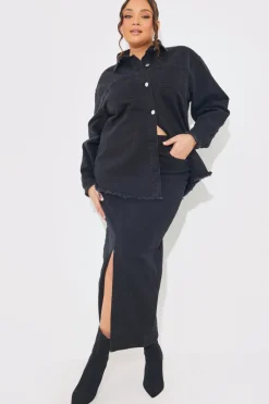 Washed Split Detail Denim Maxi Skirt