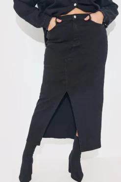 Washed Split Detail Denim Maxi Skirt