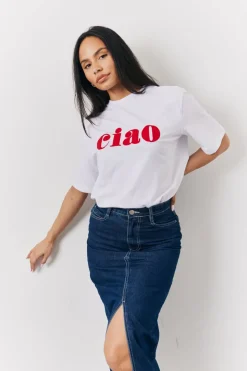 White Embroidered Ciao Slogan T-Shirt